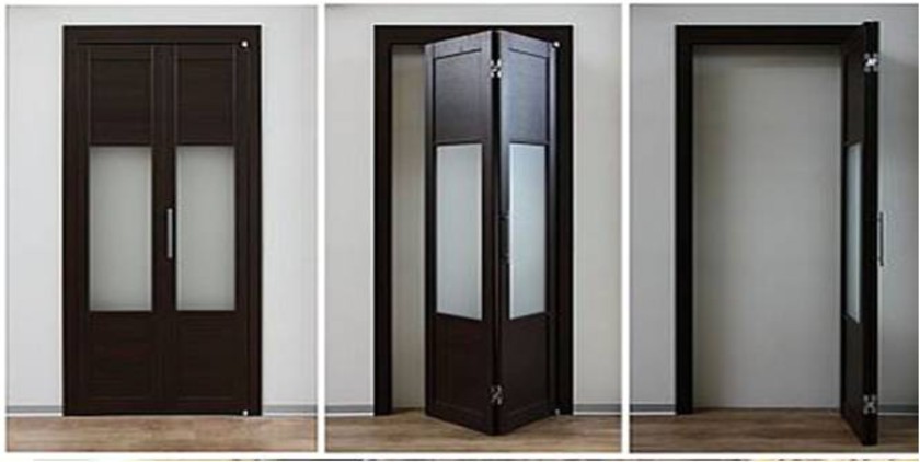 Шпонированные двери гармошка с матовыми стеклянными вставками Альметьевск